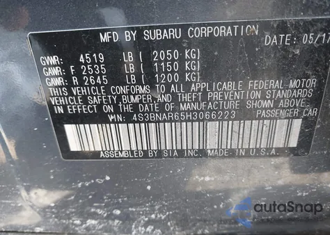 2017 Subaru Legacy 2.5I Sport from USA, damaged, VIN 4S3BNAR65H3066223
